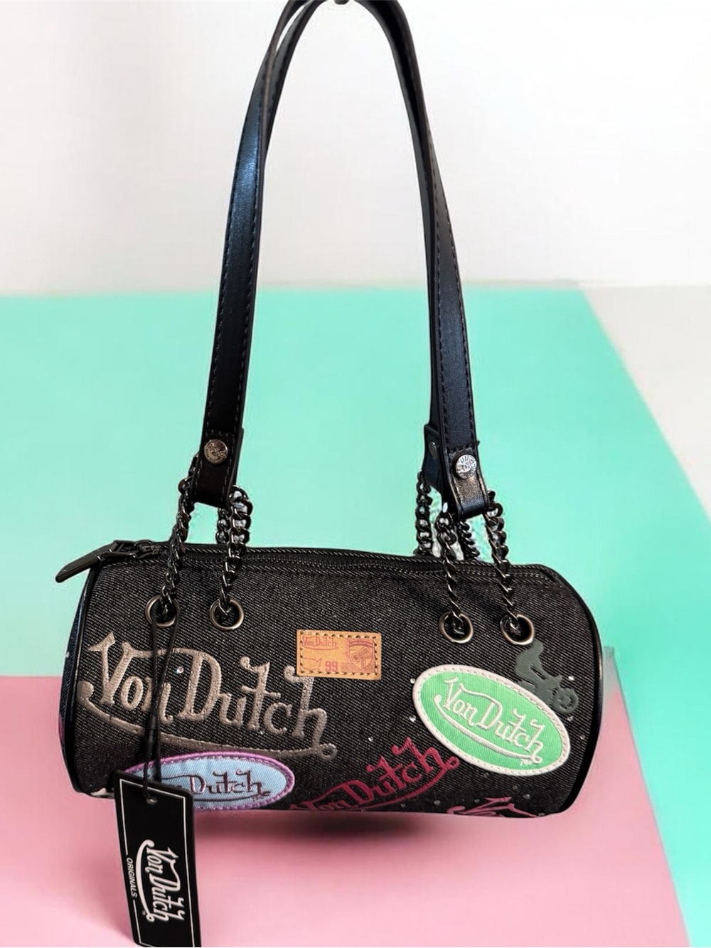 Von Dutch Dark Denim Barrel Bag with Logo Patches